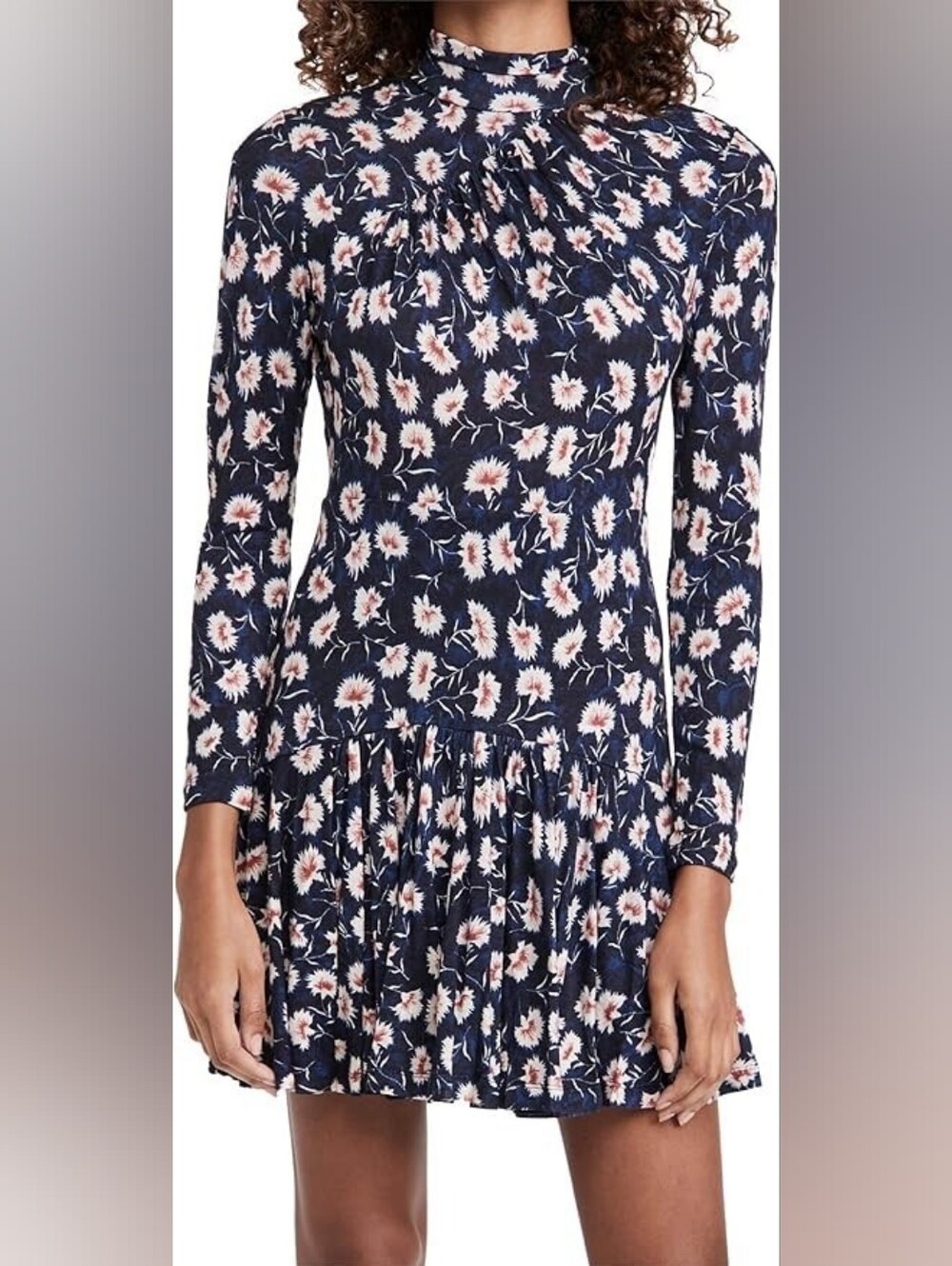 Rebecca Taylor Navy Floral Drop Waist Pleated Front  Long-Sleeve Dress Small